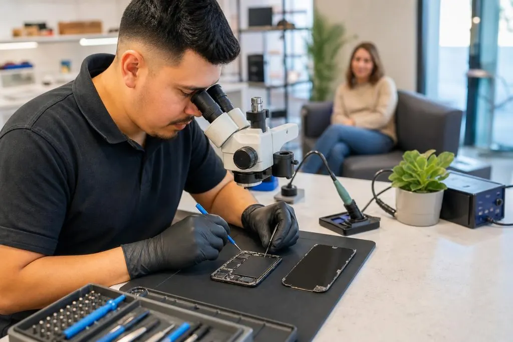 Technician replacing an iPhone 14 Pro screen on a repair bench at a local repair shop
