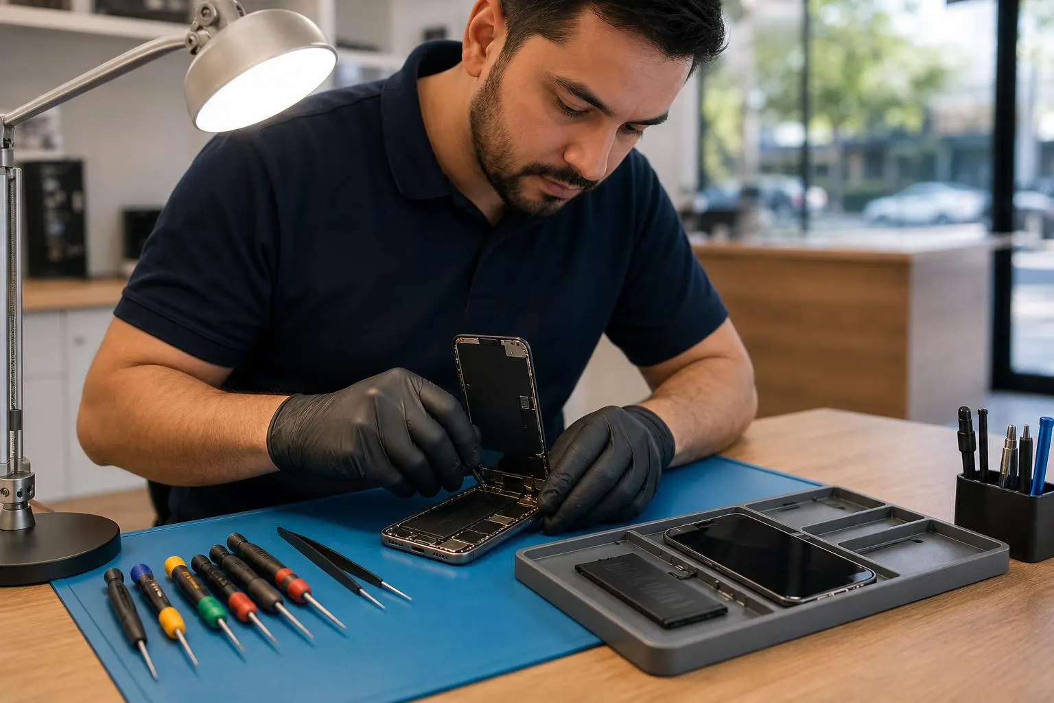 Technician replacing an iPhone 14 display at a professional repair bench with tools neatly arranged.