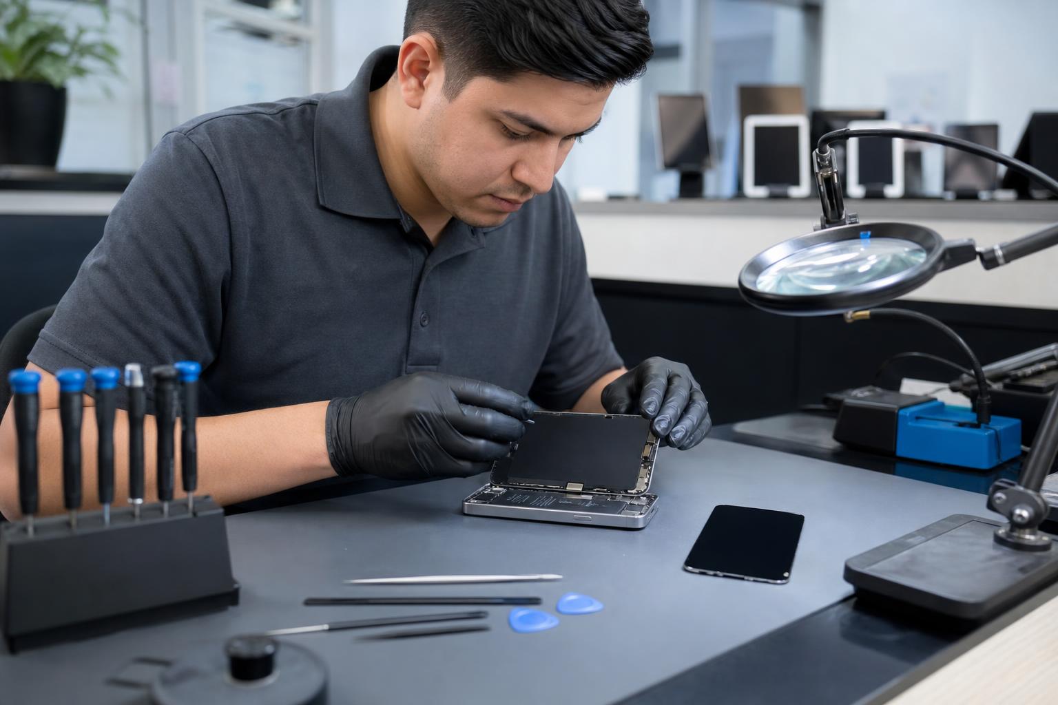 Technician replacing an iPhone 15 Plus screen on a clean workbench in a local repair shop