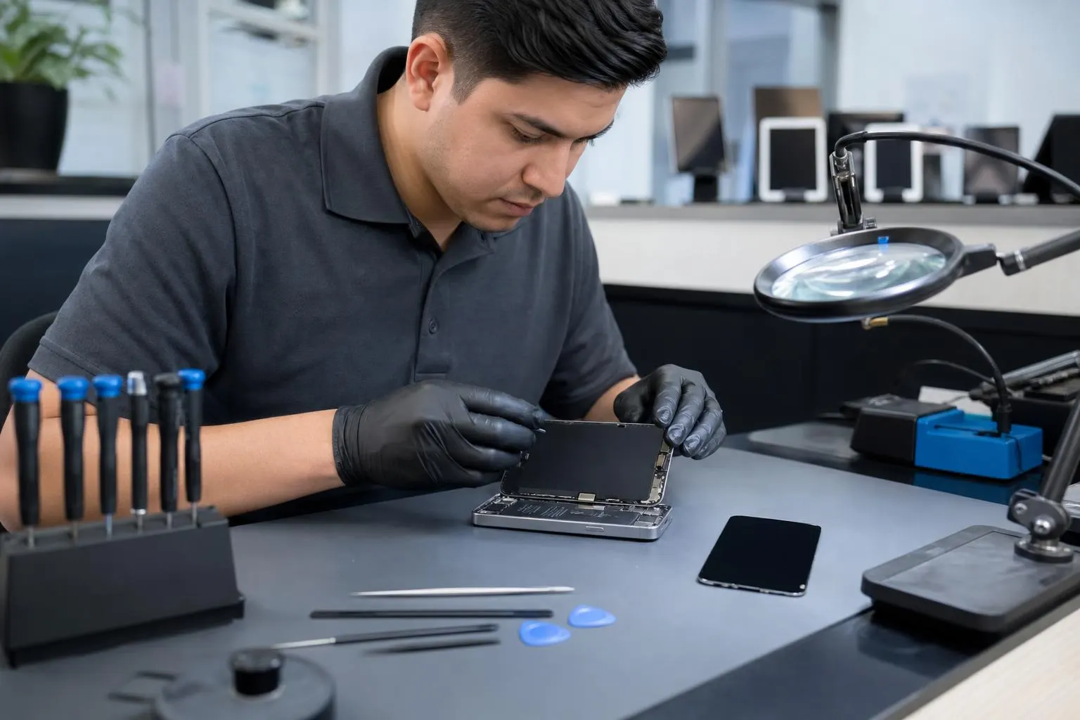 Technician replacing an iPhone 15 Plus screen on a clean workbench in a local repair shop