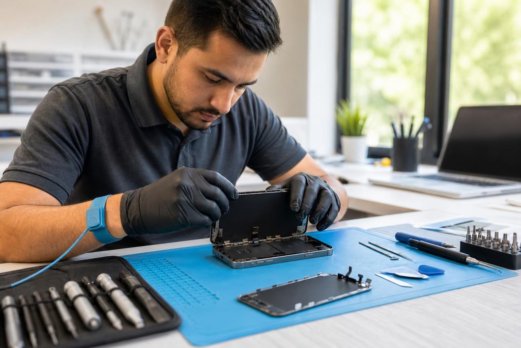 Technician repairing an iPhone 15 Pro Max on a bench in a clean electronics repair shop