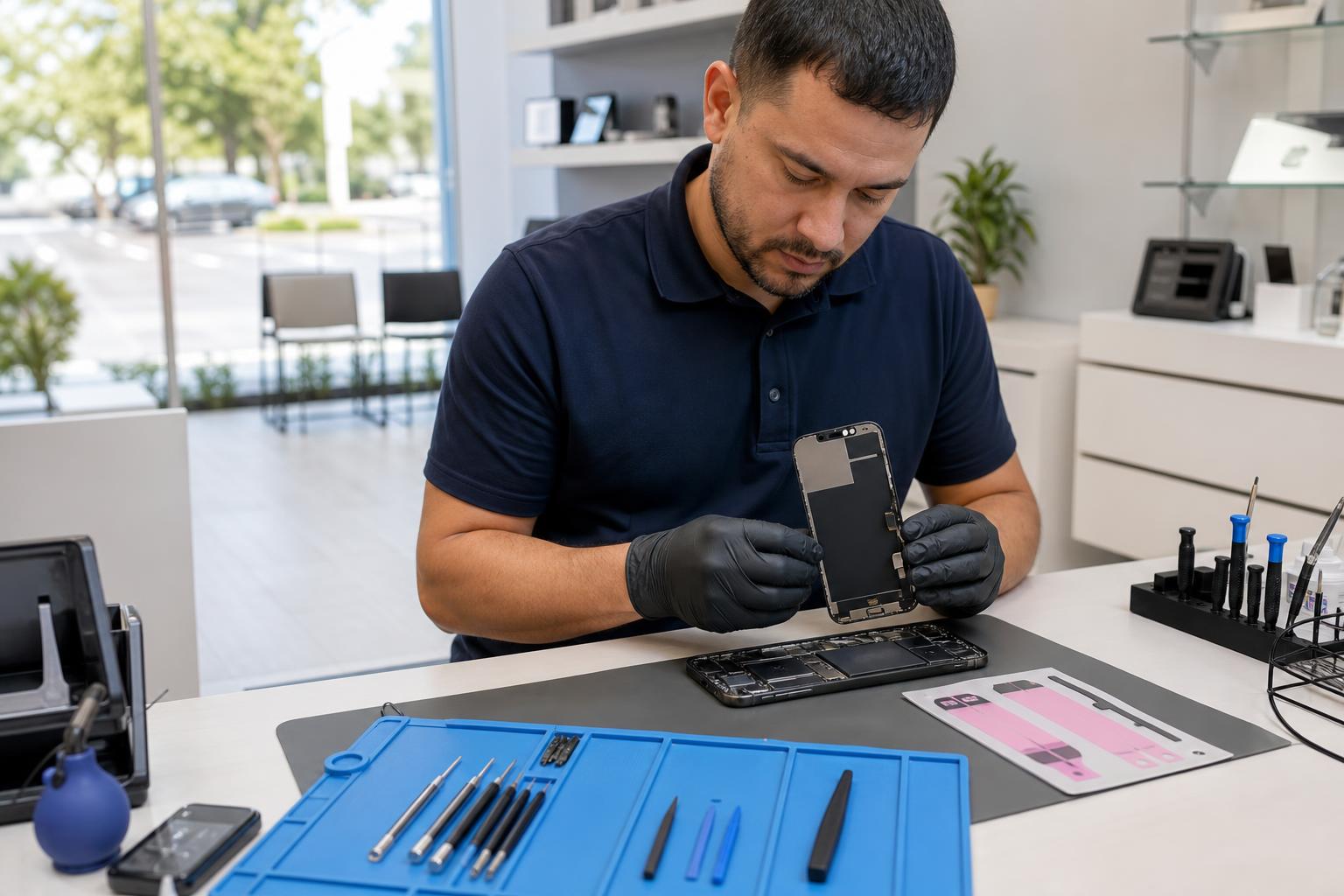 Technician inspecting an iPhone 16 Plus display on a clean repair bench with tools.