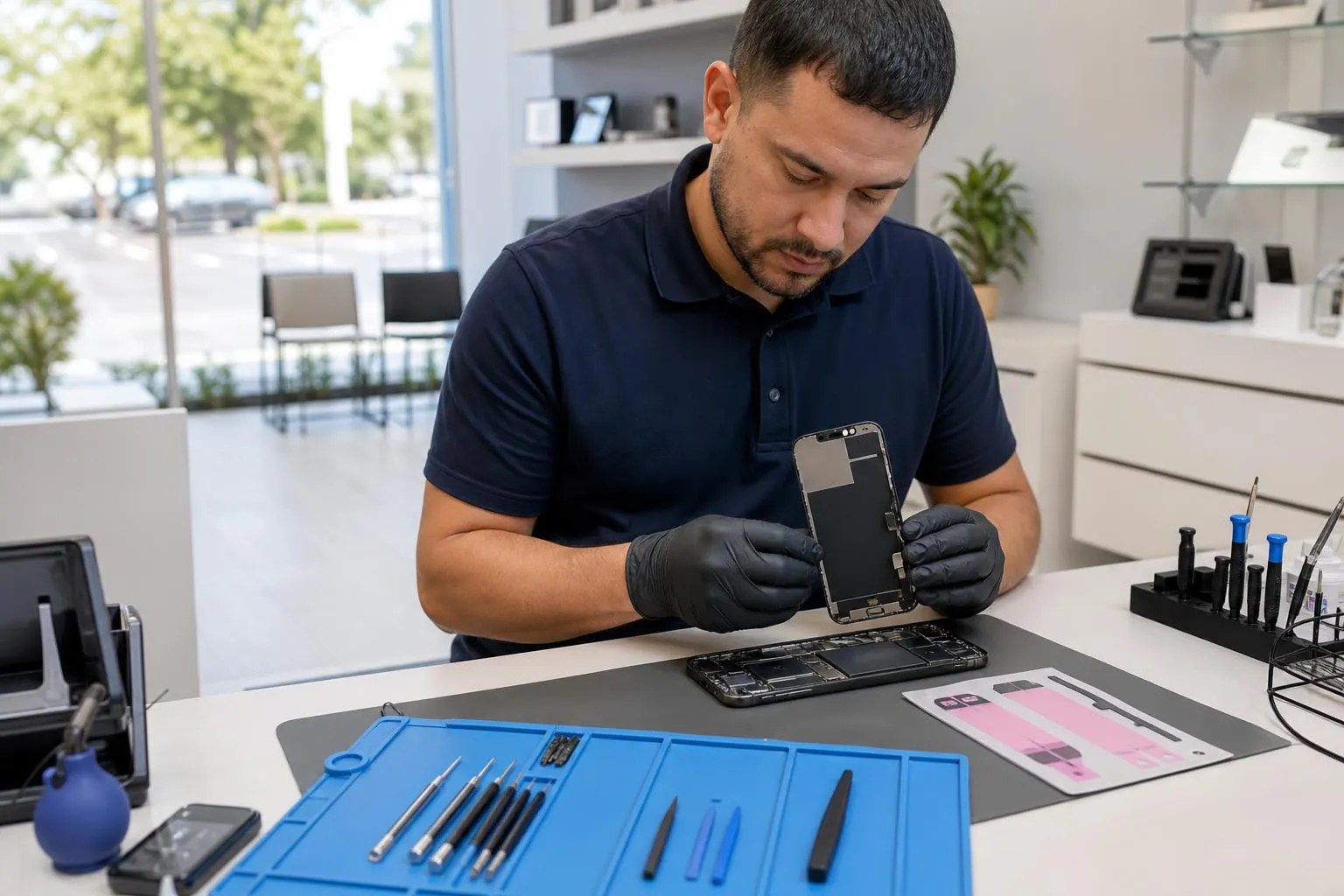 Technician inspecting an iPhone 16 Plus display on a clean repair bench with tools.