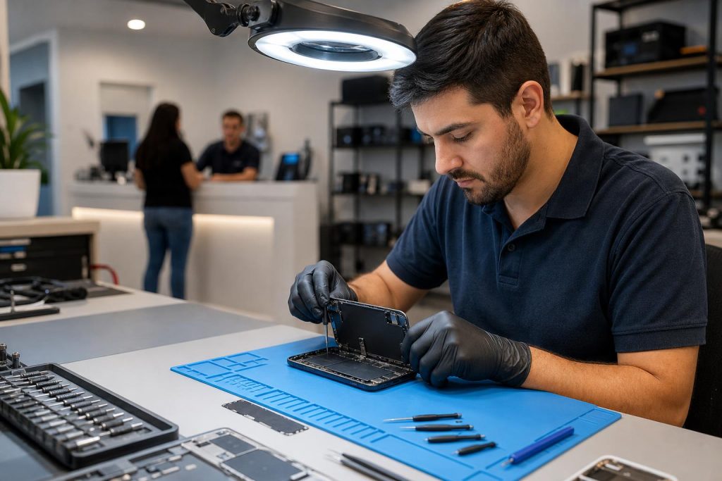 Technician replacing an iPhone 16 Pro Max screen at a professional repair bench in a local shop.