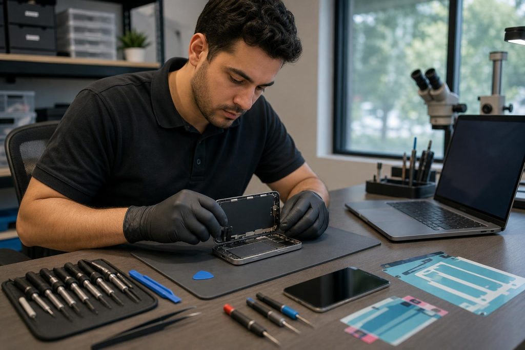 Technician repairing an iPhone 16 Pro at a professional repair bench with tools and diagnostic laptop
