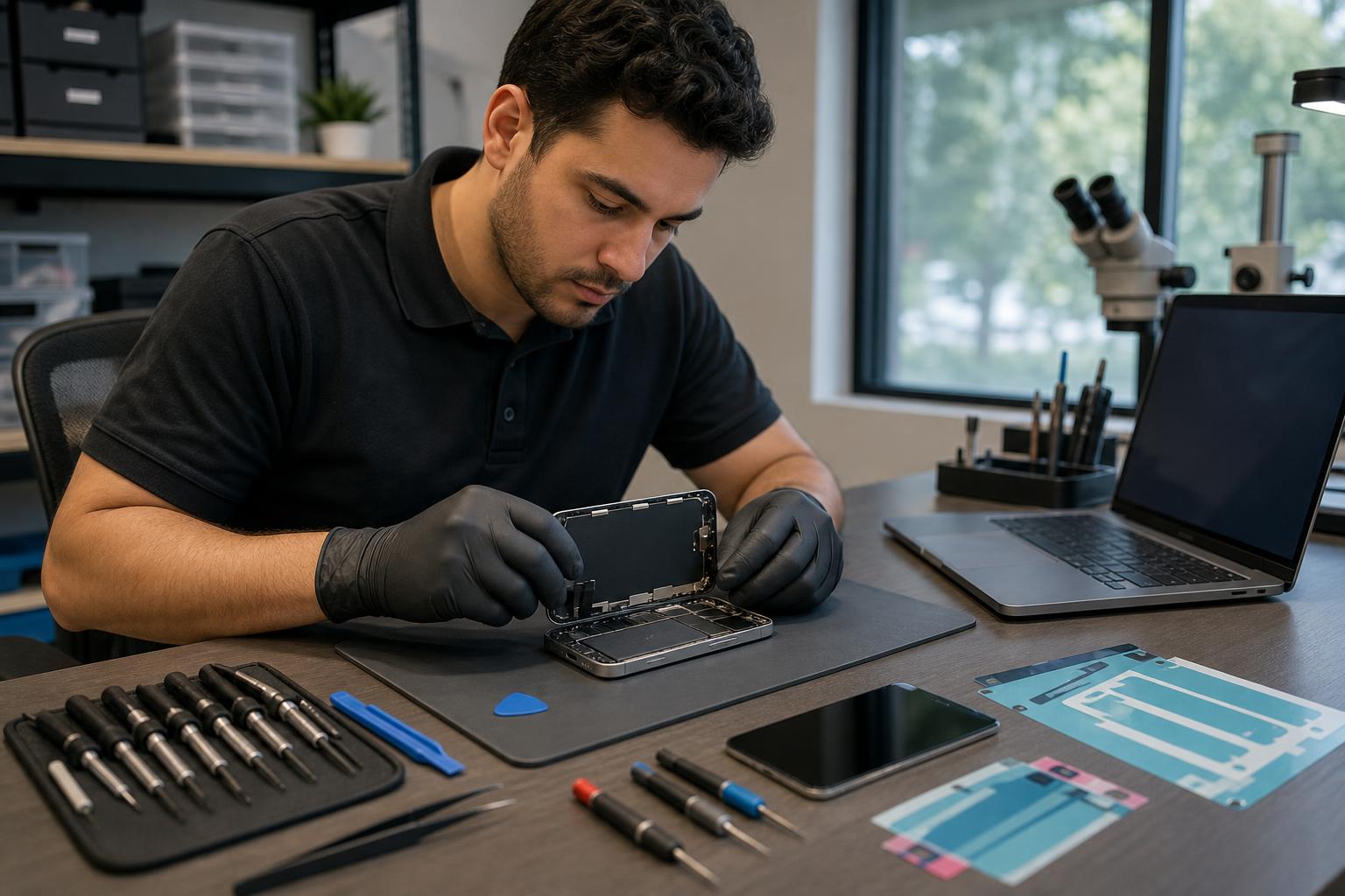Technician repairing an iPhone 16 Pro at a professional repair bench with tools and diagnostic laptop