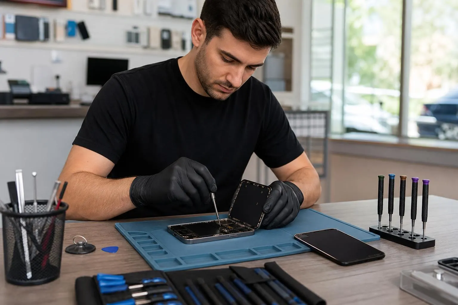 Technician replacing an iPhone 16e display at a repair counter with tools laid out