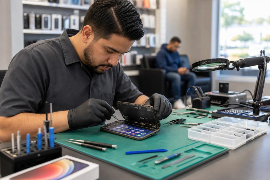 Technician replacing an iPhone 17 Pro Max display at a clean repair bench inside a local repair shop