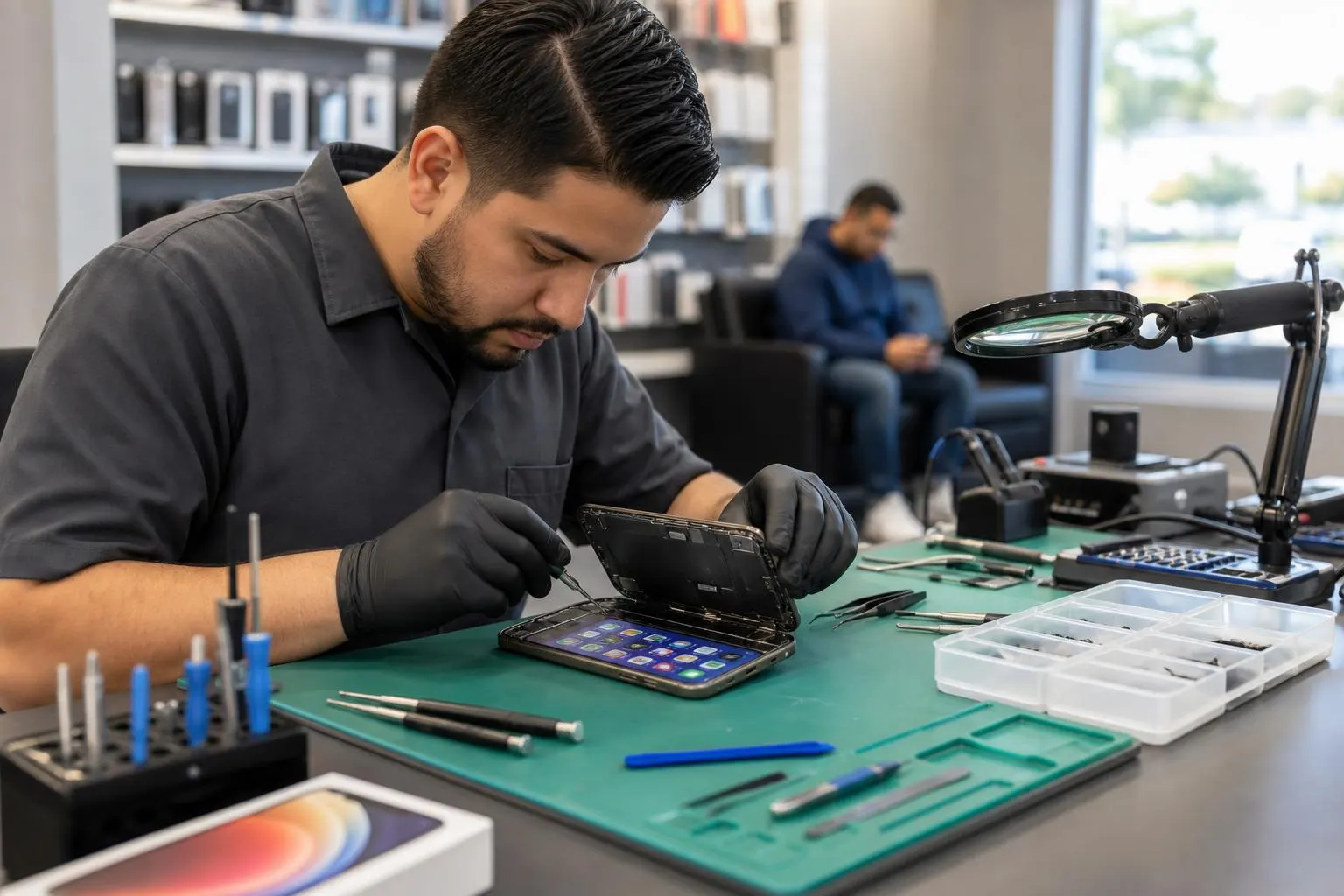 Technician replacing an iPhone 17 Pro Max display at a clean repair bench inside a local repair shop