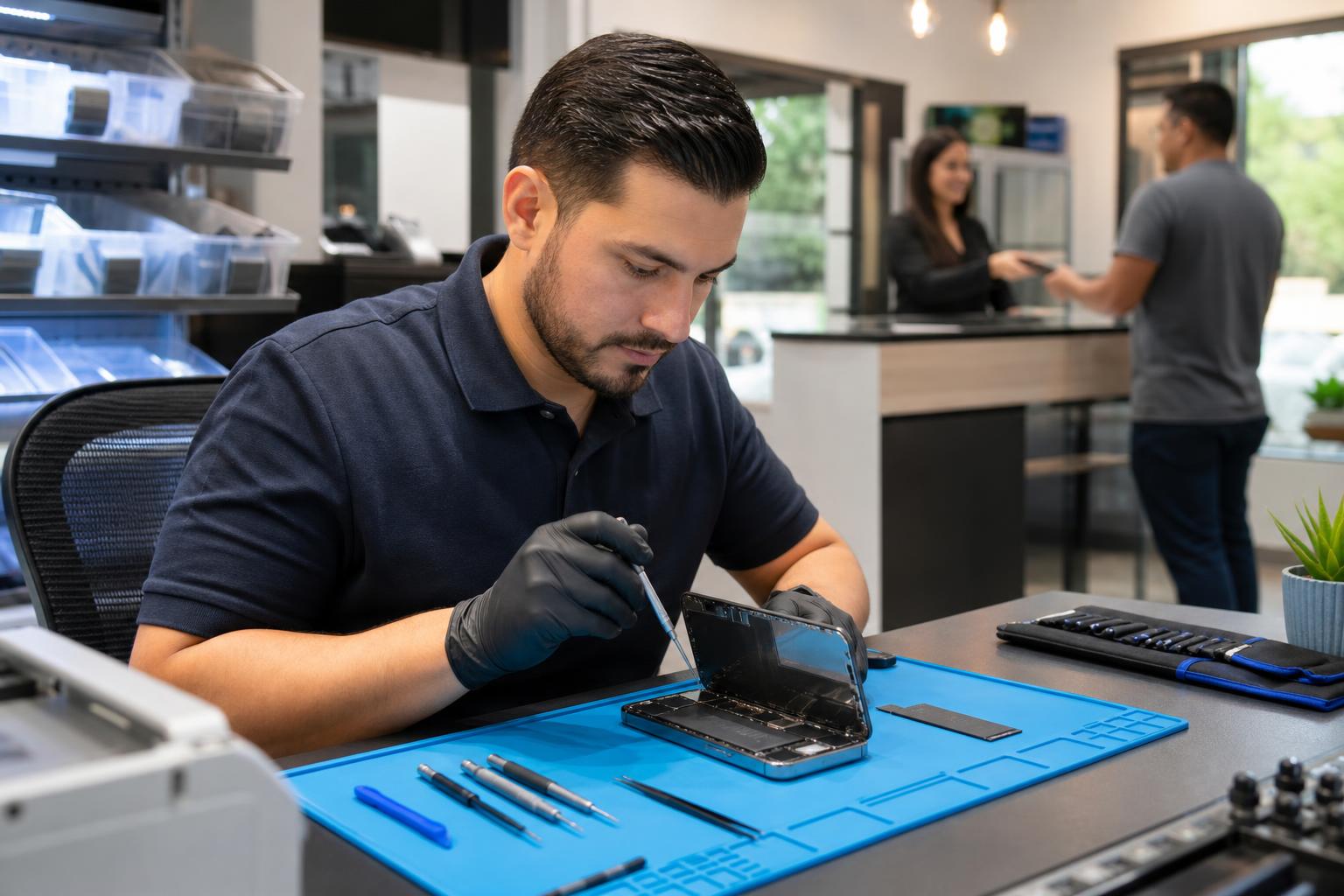 Technician replacing an iPhone 17e screen at a repair bench in a small local shop