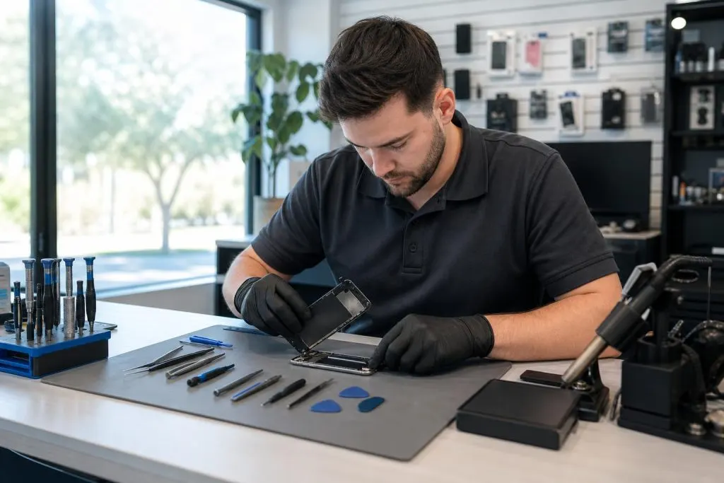 Technician replacing an iPhone Air screen on a clean repair bench inside a local repair shop.