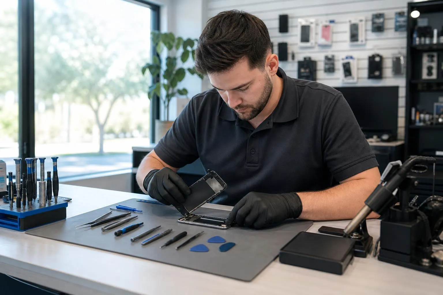 Technician replacing an iPhone Air screen on a clean repair bench inside a local repair shop.