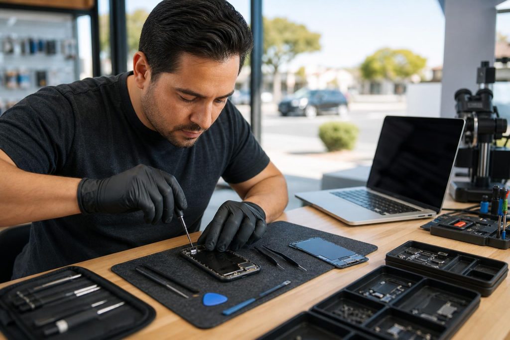 Technician replacing an iPhone screen at a neat repair bench with tools and parts laid out.
