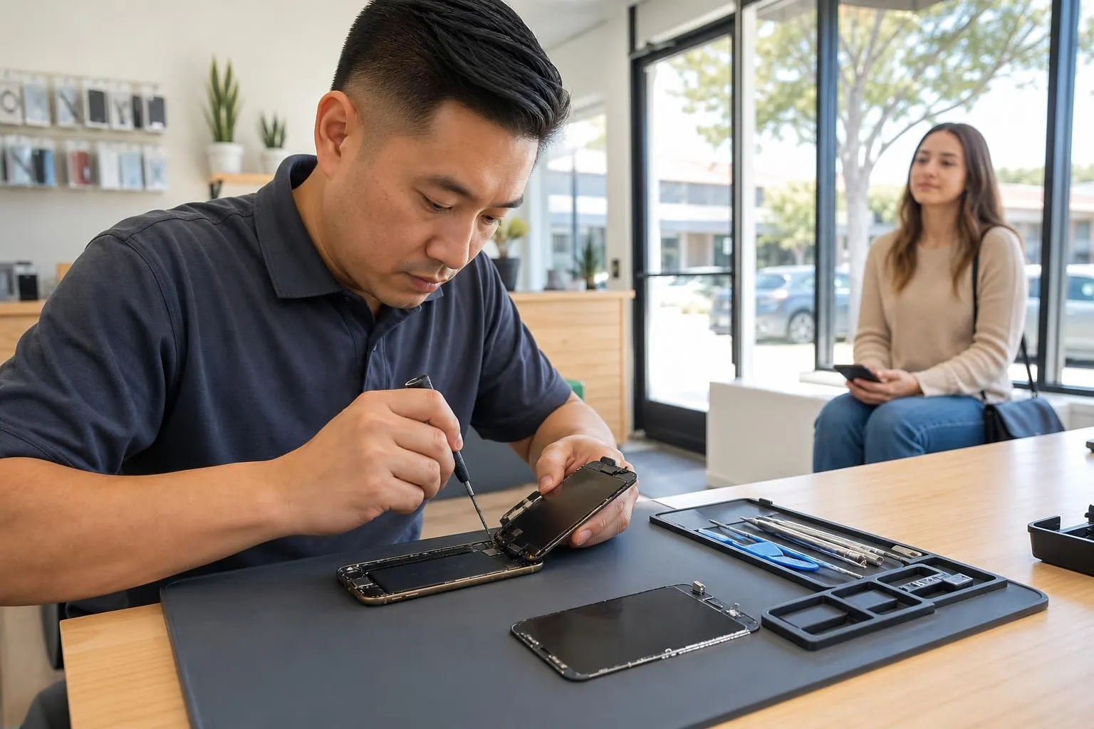 Technician replacing an iPhone screen at a local Lake Forest repair bench