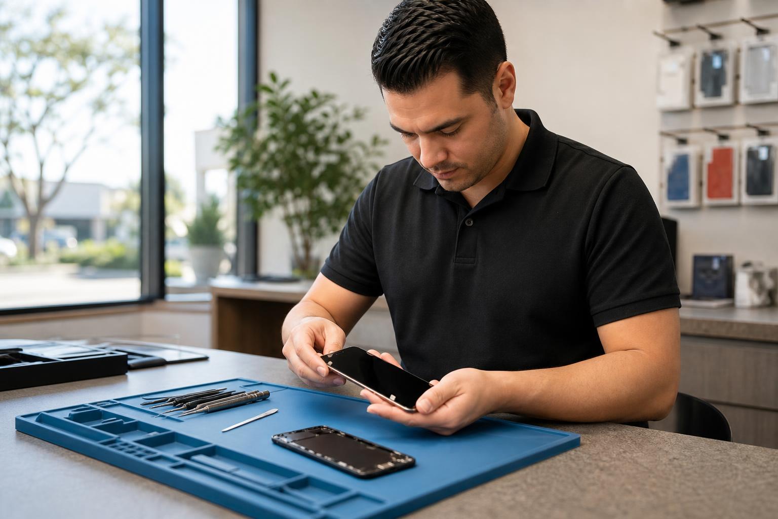 Technician repairing an iPhone at a clean local repair bench inside a Lake Forest shop