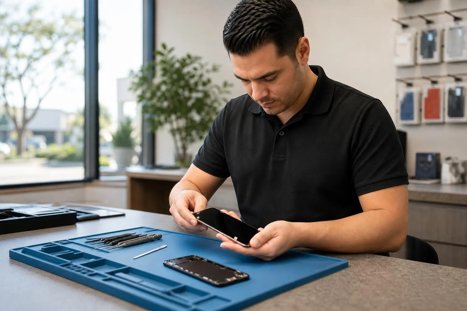 Technician repairing an iPhone at a clean local repair bench inside a Lake Forest shop
