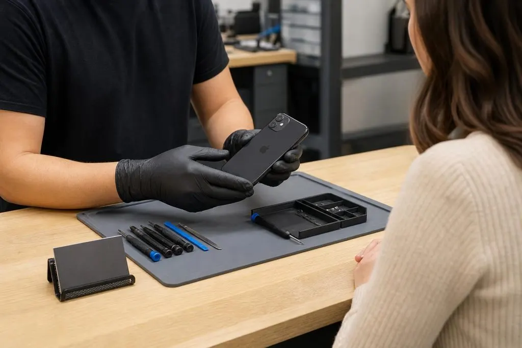 Technician inspecting an iPhone at a professional repair counter with tools on a work mat