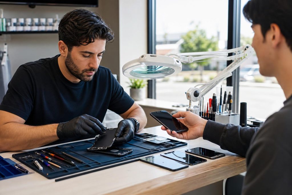 Technician replacing an iPhone screen on a clean repair bench in a small repair shop.
