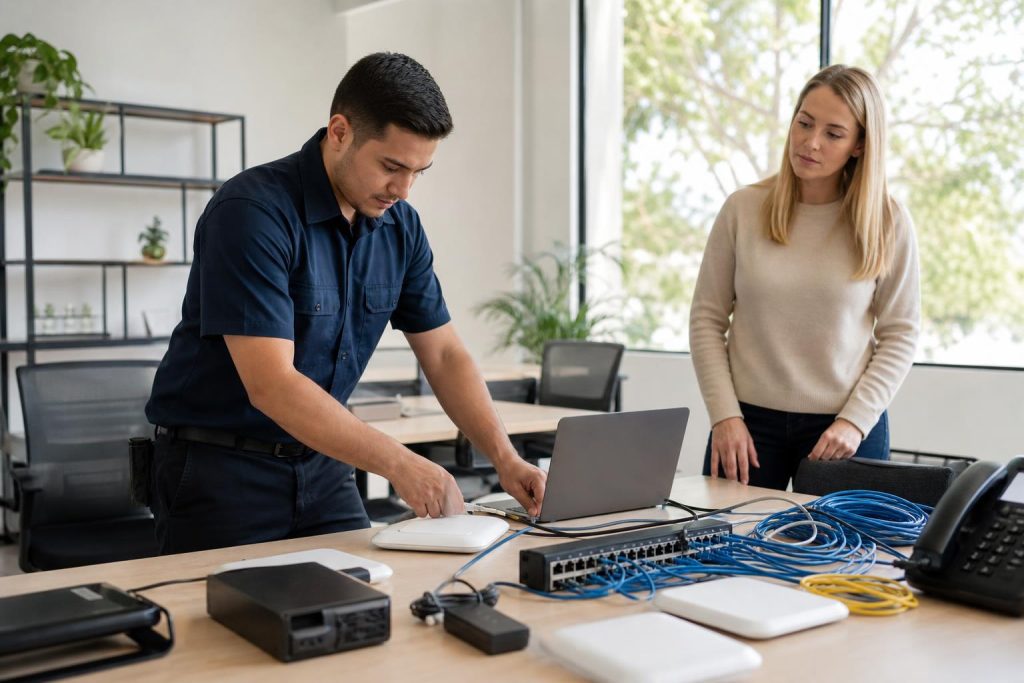 IT technician installing business Wi‑Fi and configuring a network in a Lake Forest small office