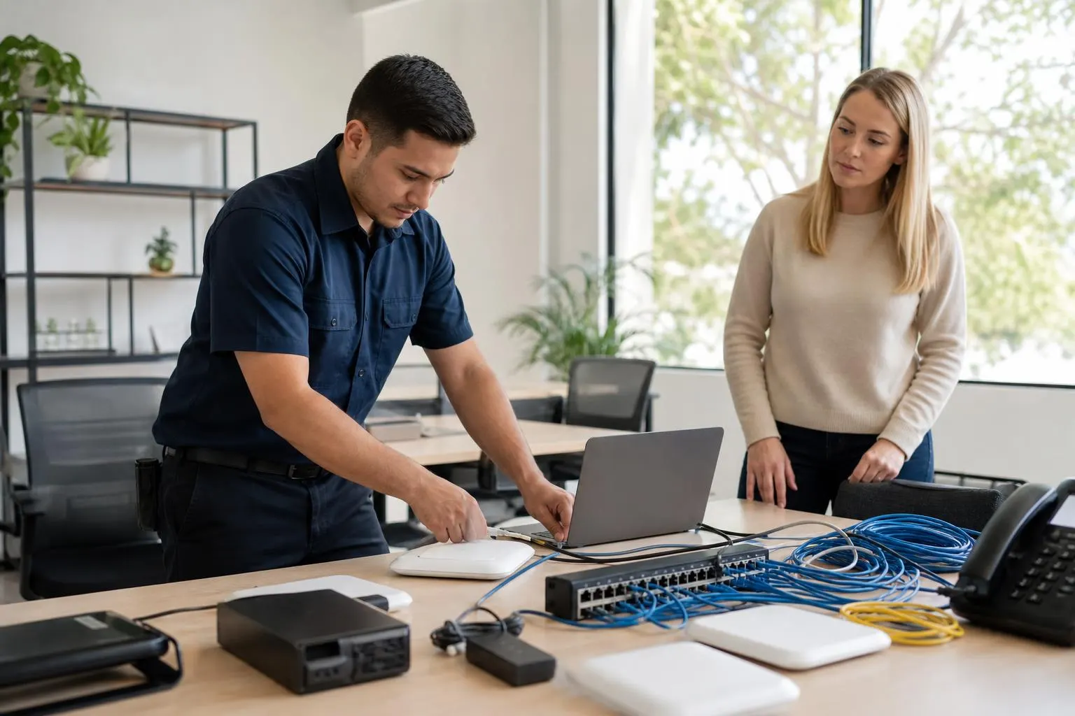 IT technician installing business Wi‑Fi and configuring a network in a Lake Forest small office