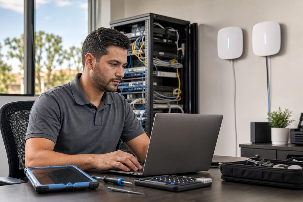IT technician repairing a laptop and configuring business Wi‑Fi in a Lake Forest office