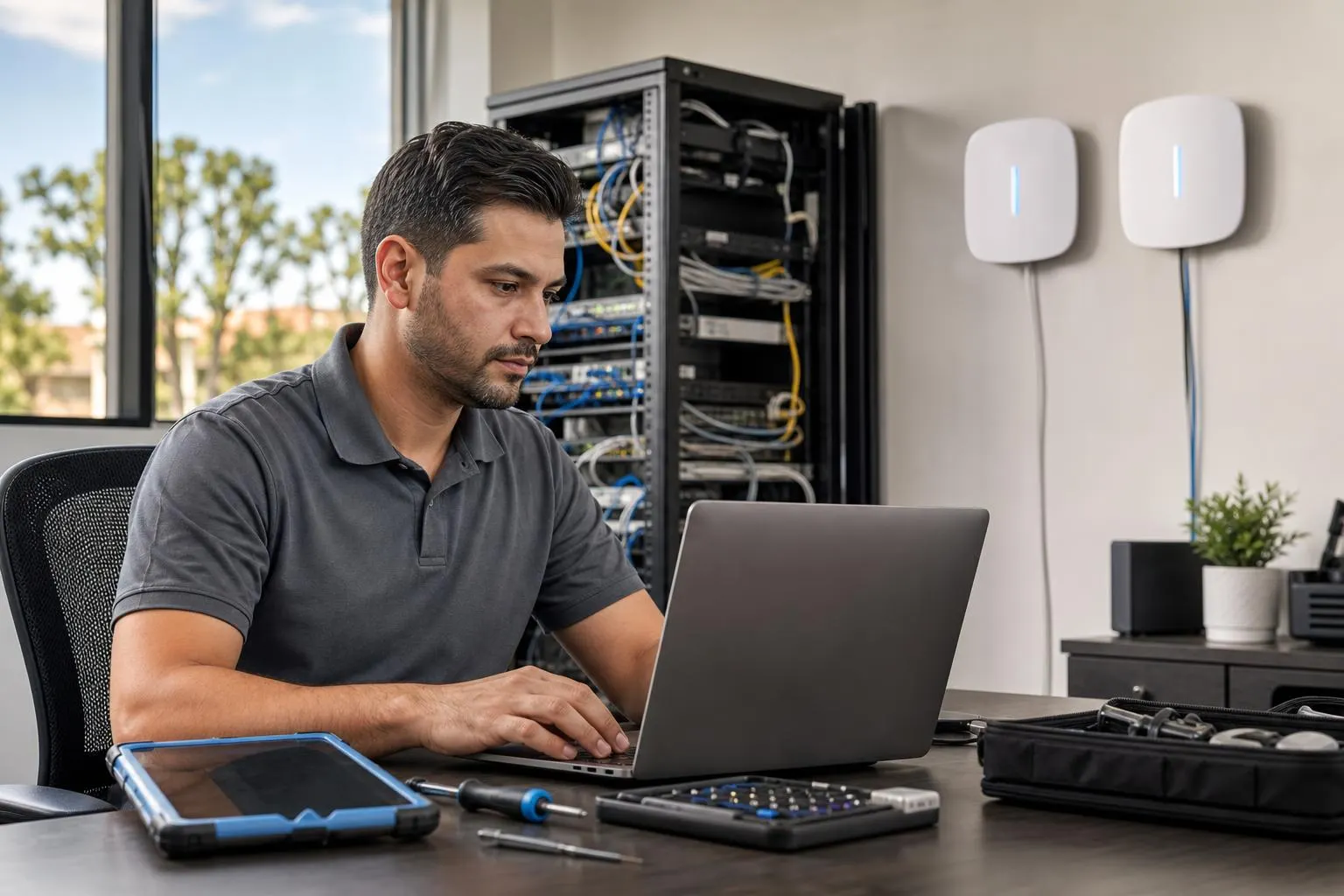 IT technician repairing a laptop and configuring business Wi‑Fi in a Lake Forest office