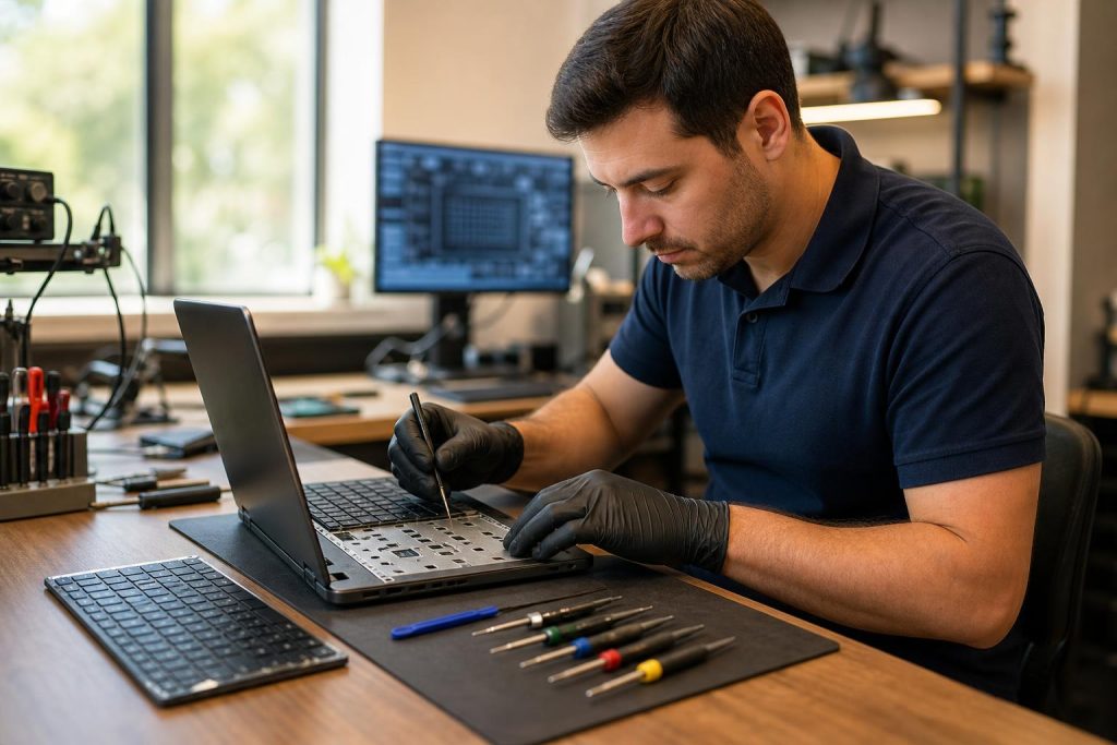 Technician replacing a laptop keyboard on a workbench in a repair shop.