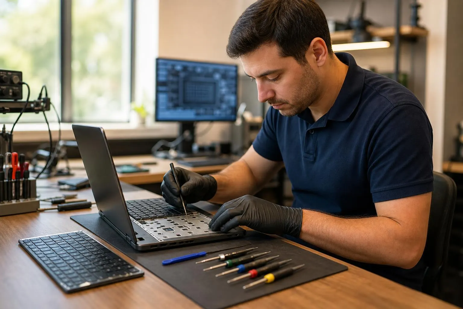 Technician replacing a laptop keyboard on a workbench in a repair shop.