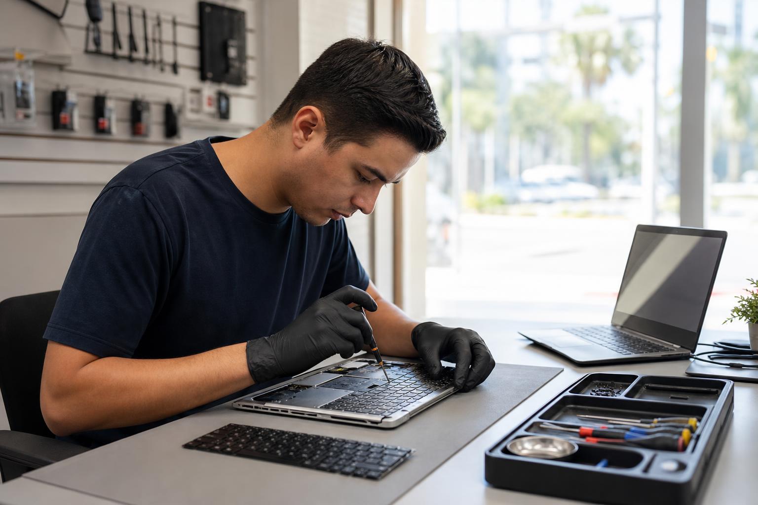 Technician replacing a laptop keyboard at a well-lit repair bench