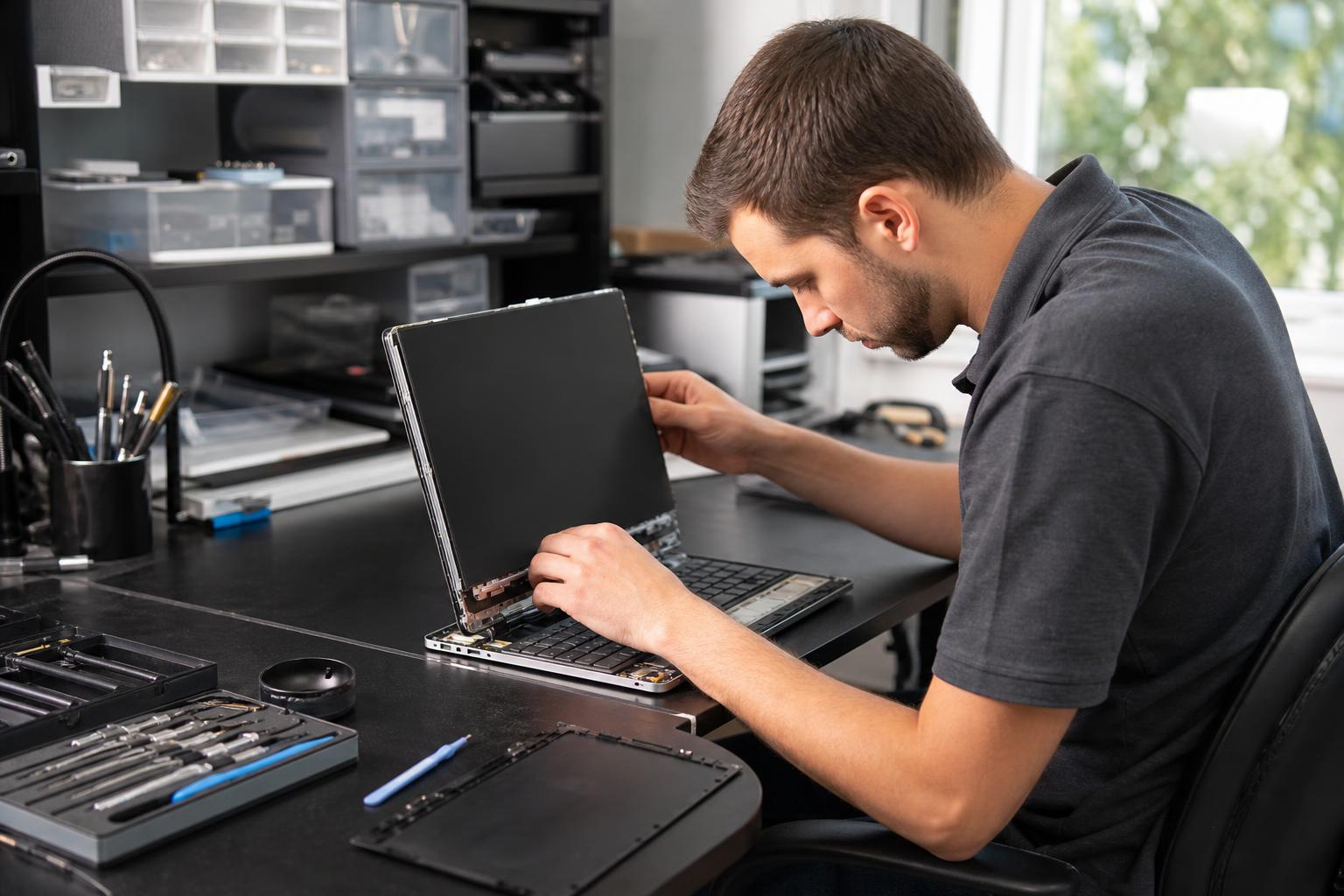 Technician replacing a laptop screen at a clean repair bench with tools and parts nearby.