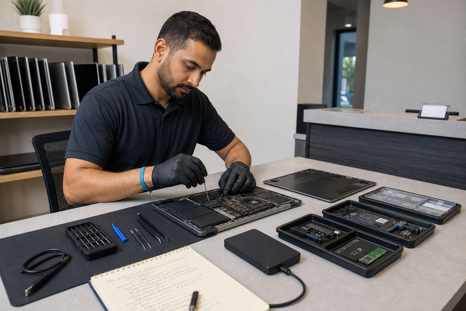 Technician repairing a laptop on a clean workbench inside a local repair shop