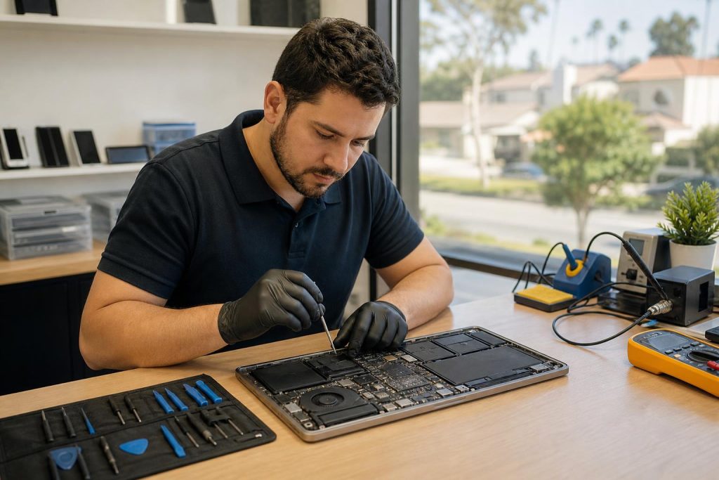 Technician repairing a laptop on a workbench at a local Orange County repair shop.