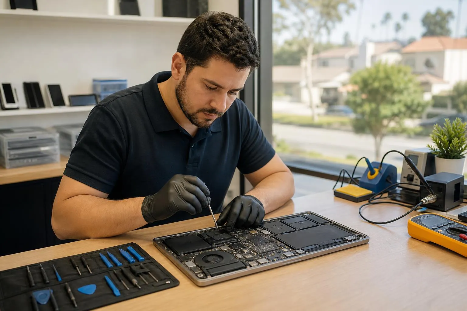 Technician repairing a laptop on a workbench at a local Orange County repair shop.