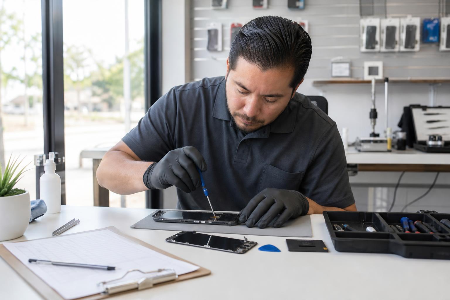 Technician replacing an LG phone screen at a small Lake Forest repair bench