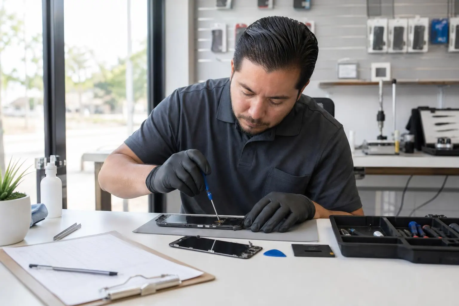 Technician replacing an LG phone screen at a small Lake Forest repair bench