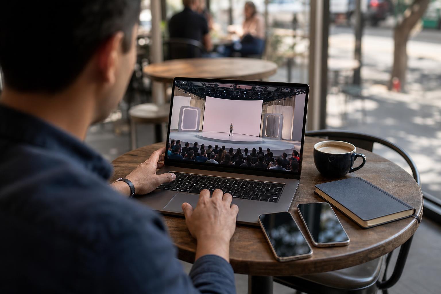 Person watching a smartphone launch livestream on a laptop at a café table with two generic phones and a notebook nearby.