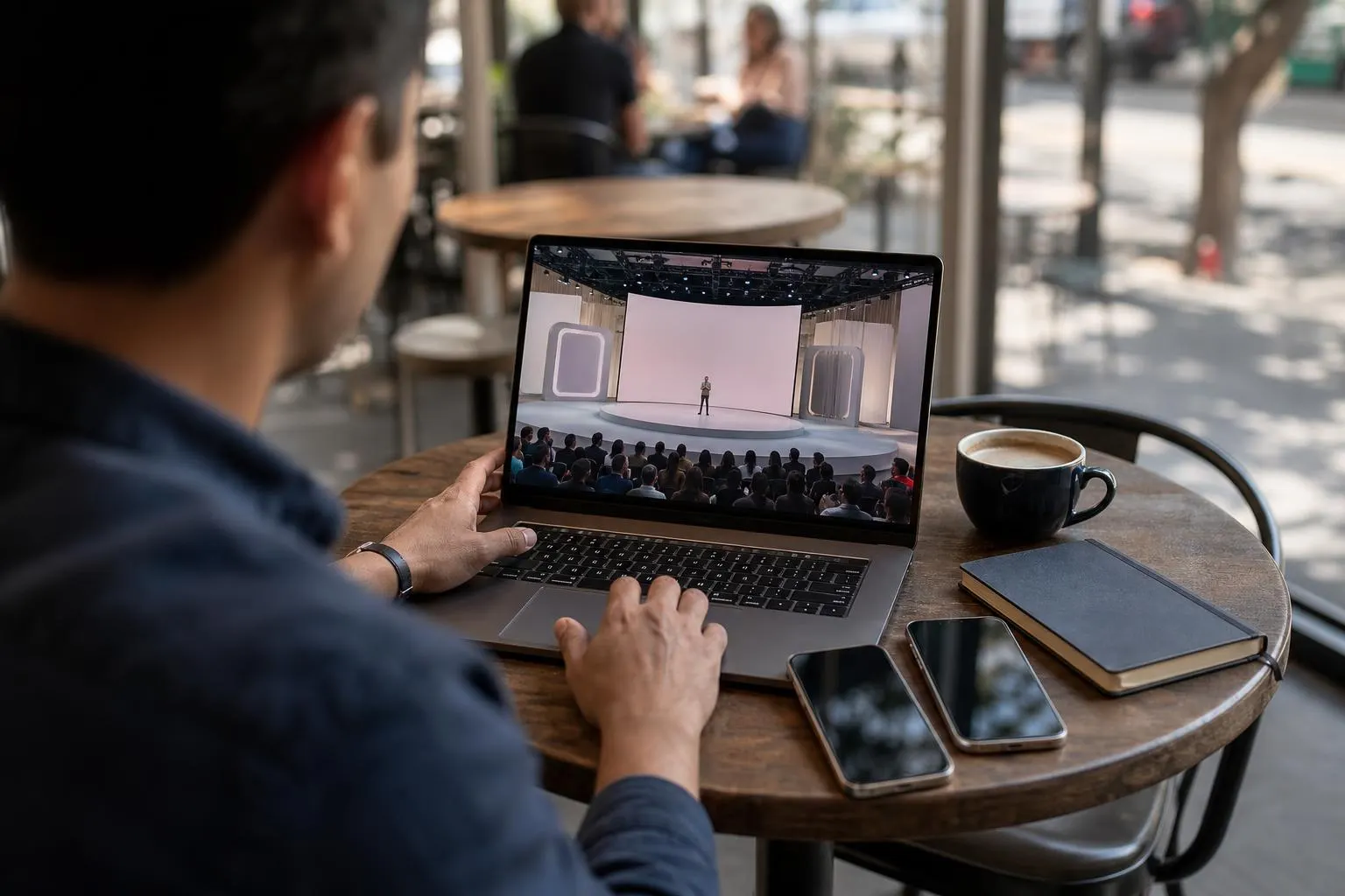 Person watching a smartphone launch livestream on a laptop at a café table with two generic phones and a notebook nearby.