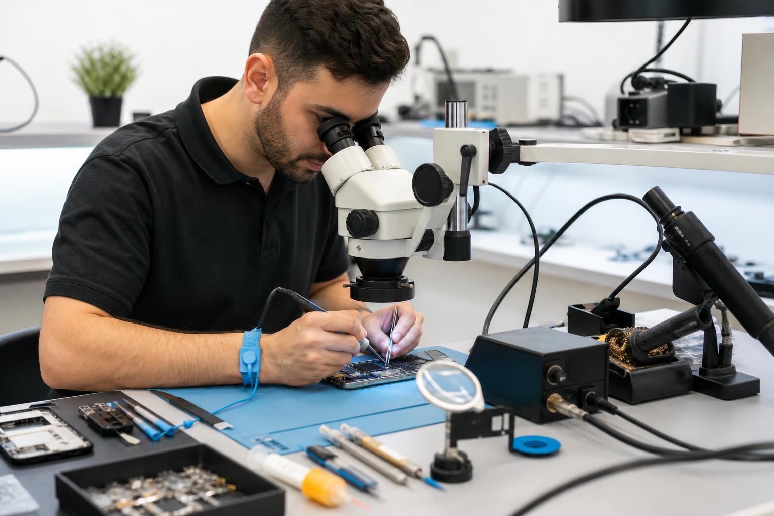 Technician performing micro soldering on a smartphone motherboard under a stereo microscope at a repair bench.