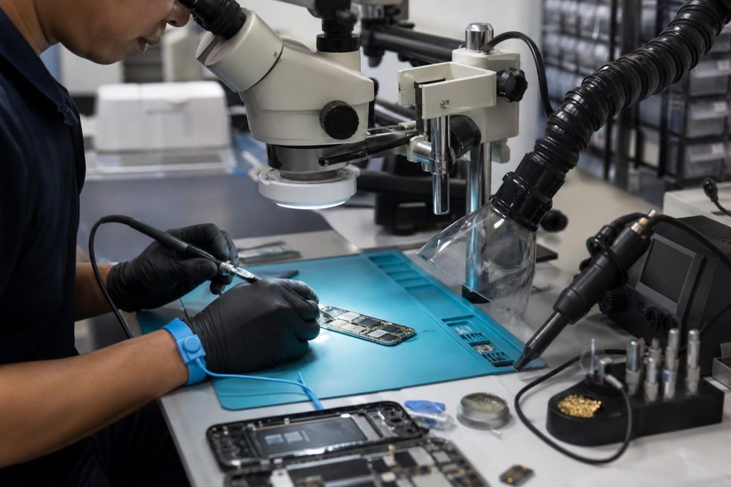 Technician performing micro soldering on a smartphone logic board at an ESD-safe workbench with microscope and fume extractor.
