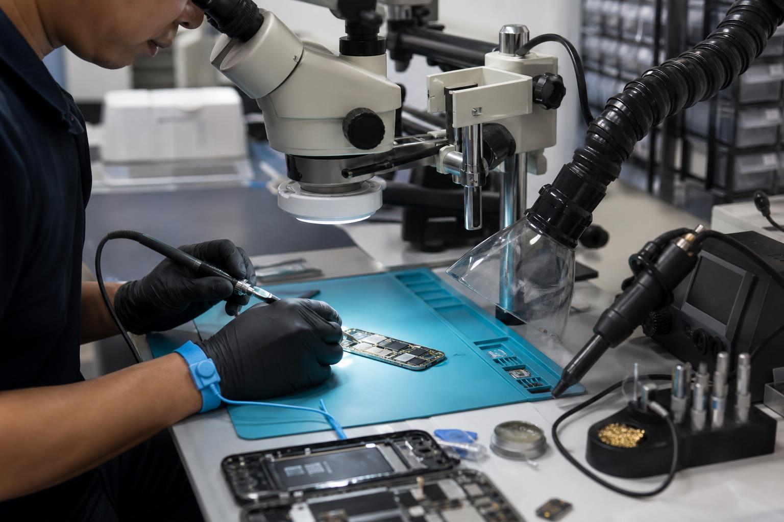 Technician performing micro soldering on a smartphone logic board at an ESD-safe workbench with microscope and fume extractor.