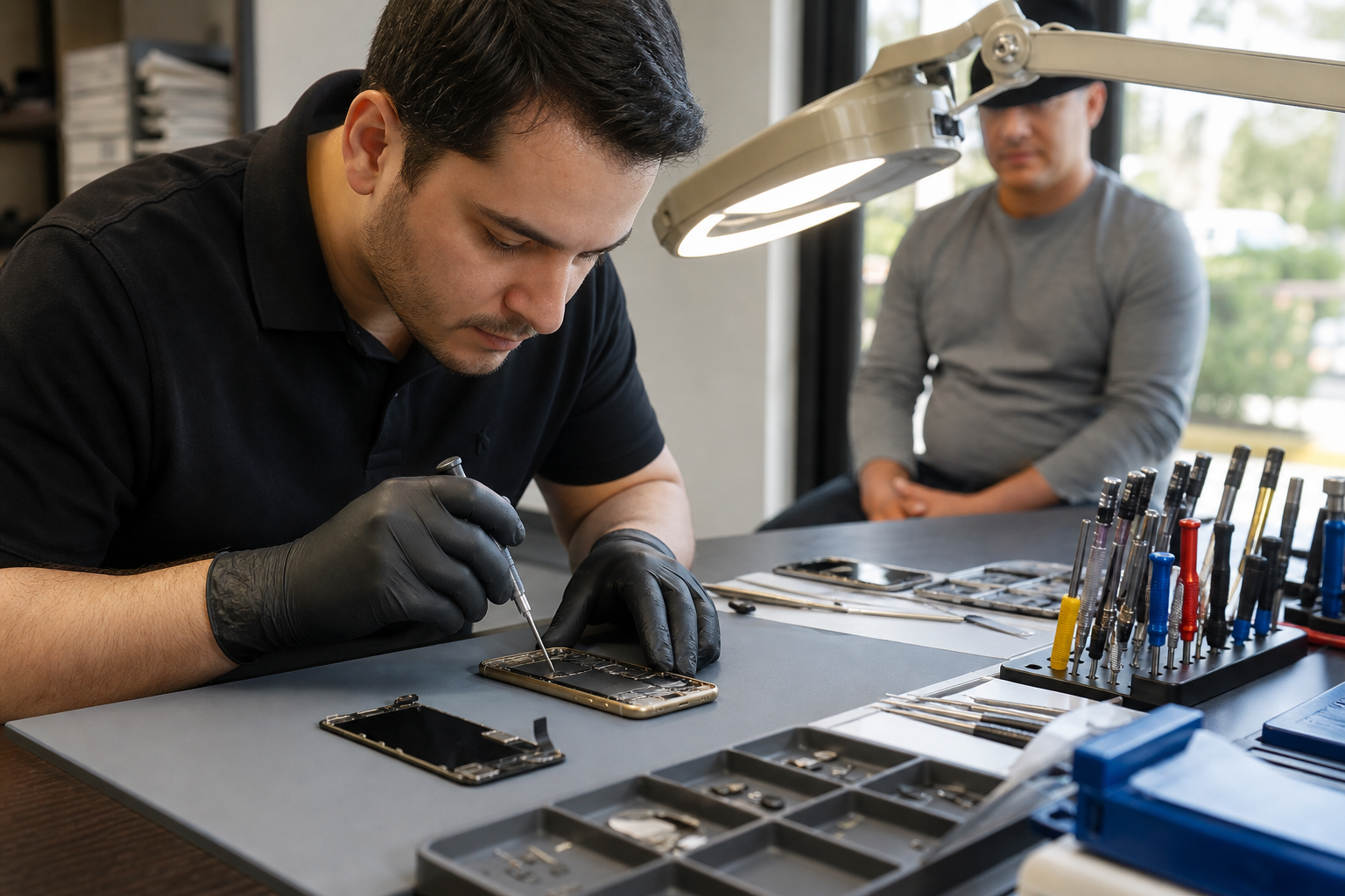 Technician replacing a smartphone screen at a clean repair bench in a local repair shop.