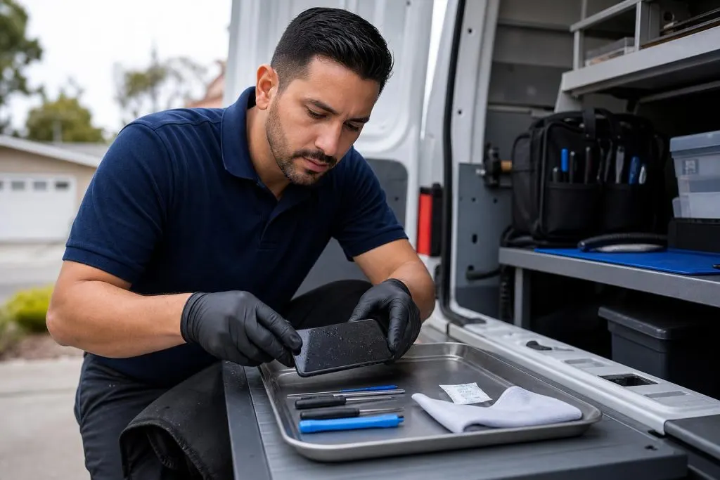 Mobile repair technician inspecting a water‑damaged smartphone at the open back of a service van.