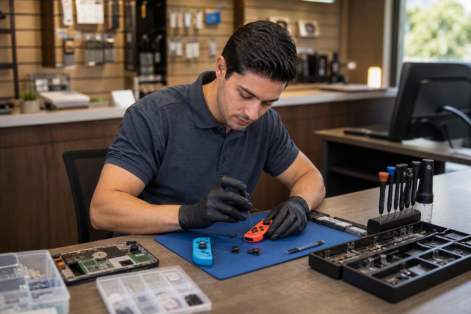 Technician repairing a Nintendo Switch JoyโCon at a clean local repair counter