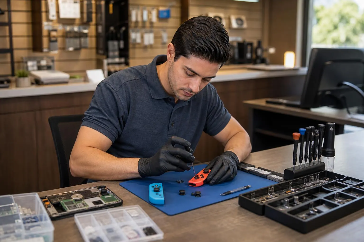 Technician repairing a Nintendo Switch Joy‑Con at a clean local repair counter