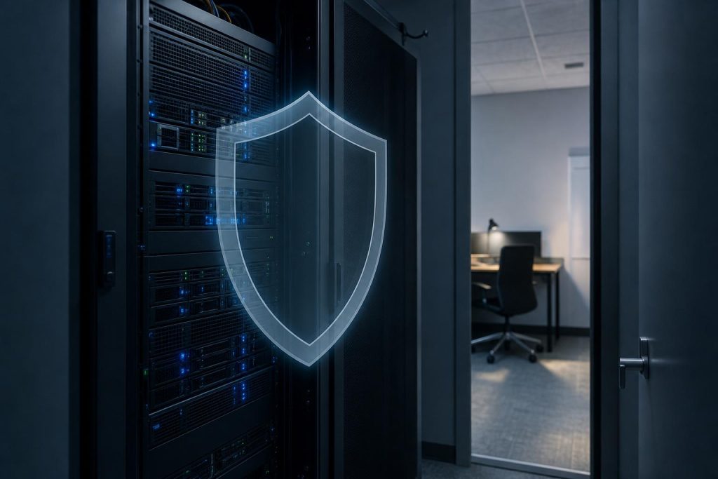 Server rack protected concept image with shield overlay