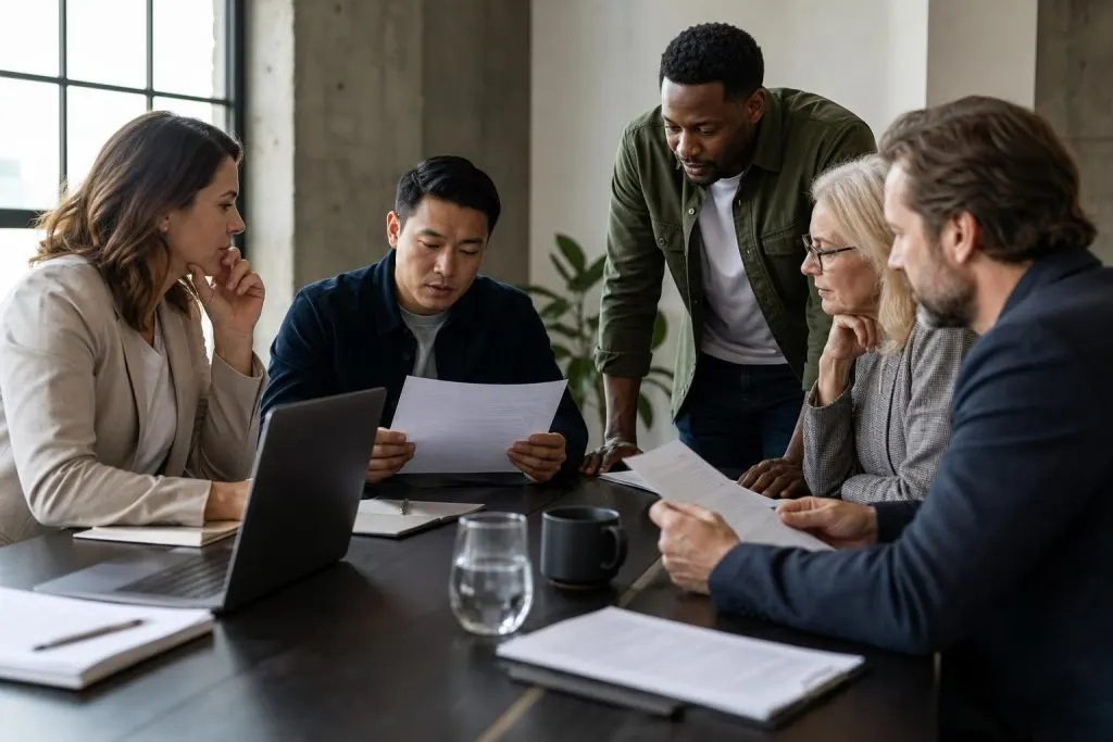 Small-business owners reviewing vendor contracts and AI service agreements.