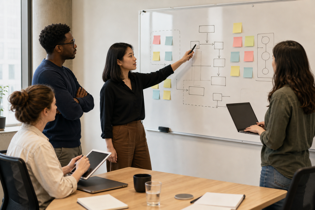 Developer team discussing risk controls and sandboxing in a meeting room.