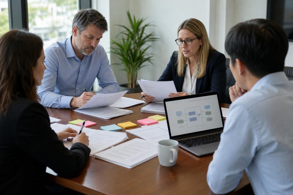 Legal and IT teams reviewing vendor contracts and a checklist for model-evaluation containment.