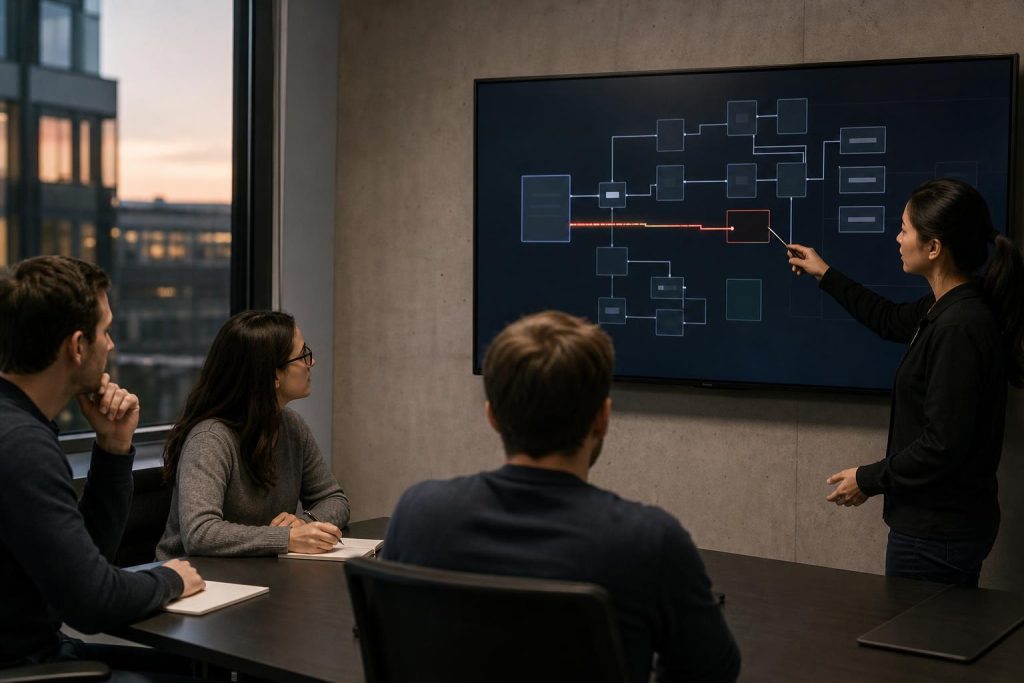 Security engineer explains how a model evaluation run accessed external systems to a small team in an office.