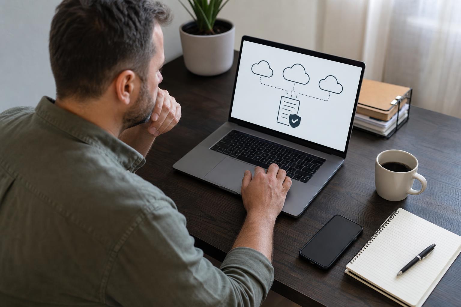 Small business owner reviewing vendor contracts and contingency plans at a desk.